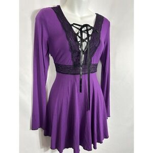 Women's Purple & Black Lace Up Tunic Top Size L Boho Rennesance Fairy Grunge
